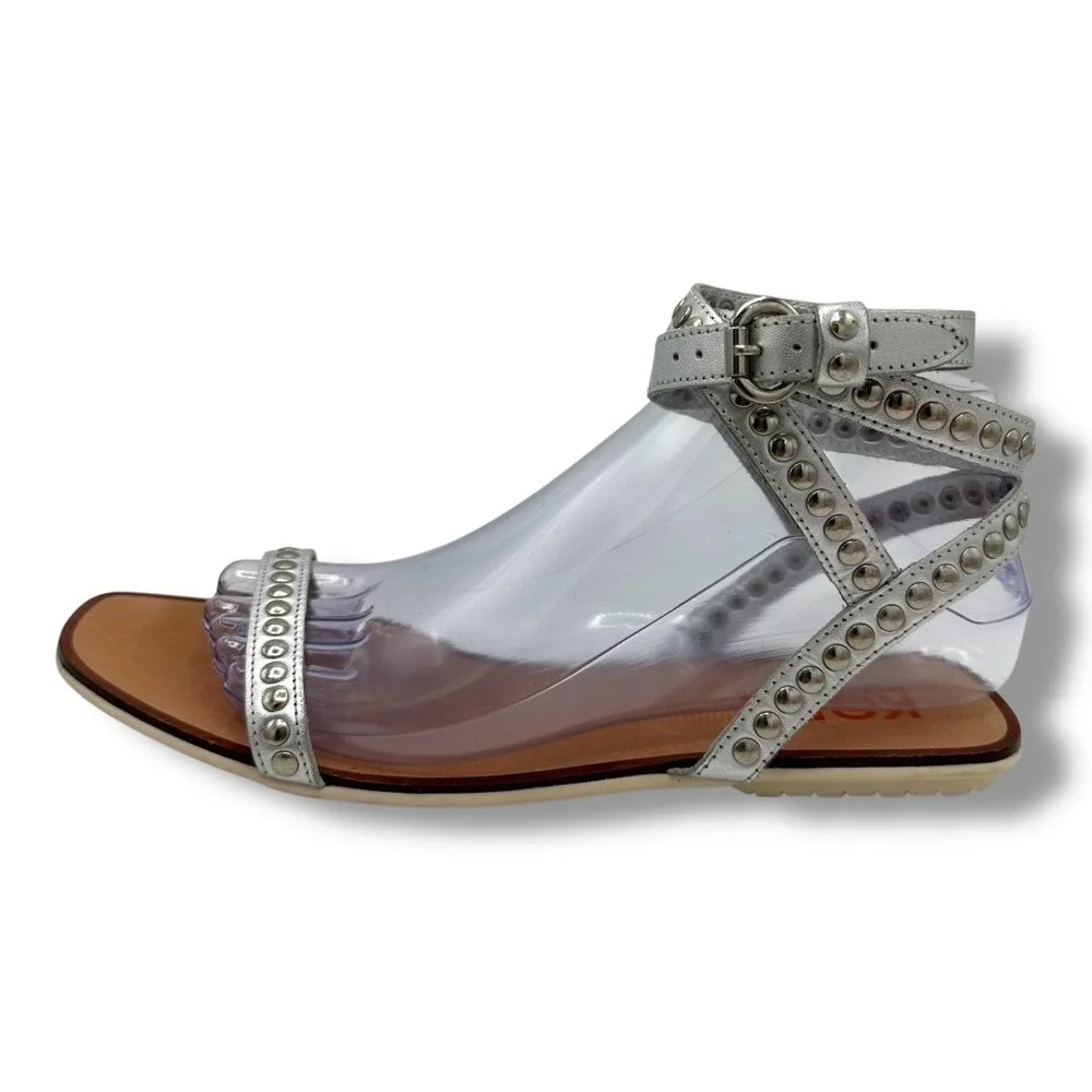 MICHAEL KORS Silver Studded Ankle Strap Flat Sandals Women's‎ Size 9